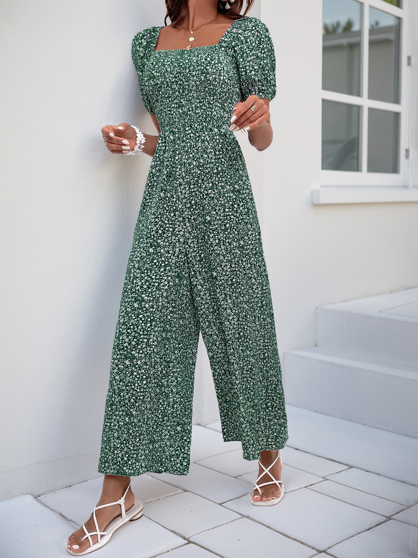 V Neck Wide Leg Polka Dot Jumpsuit