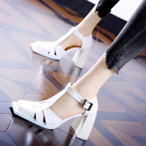 Casual Hollow Strap Waterproof Platform Chunky Heels