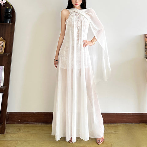Halter neck lace panel design solid color long dress