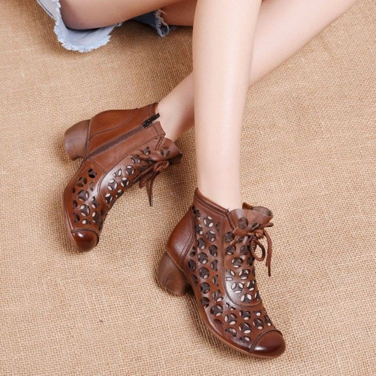 Hollow Out Breathable Ankle Retro Ethnic Style Real Heels