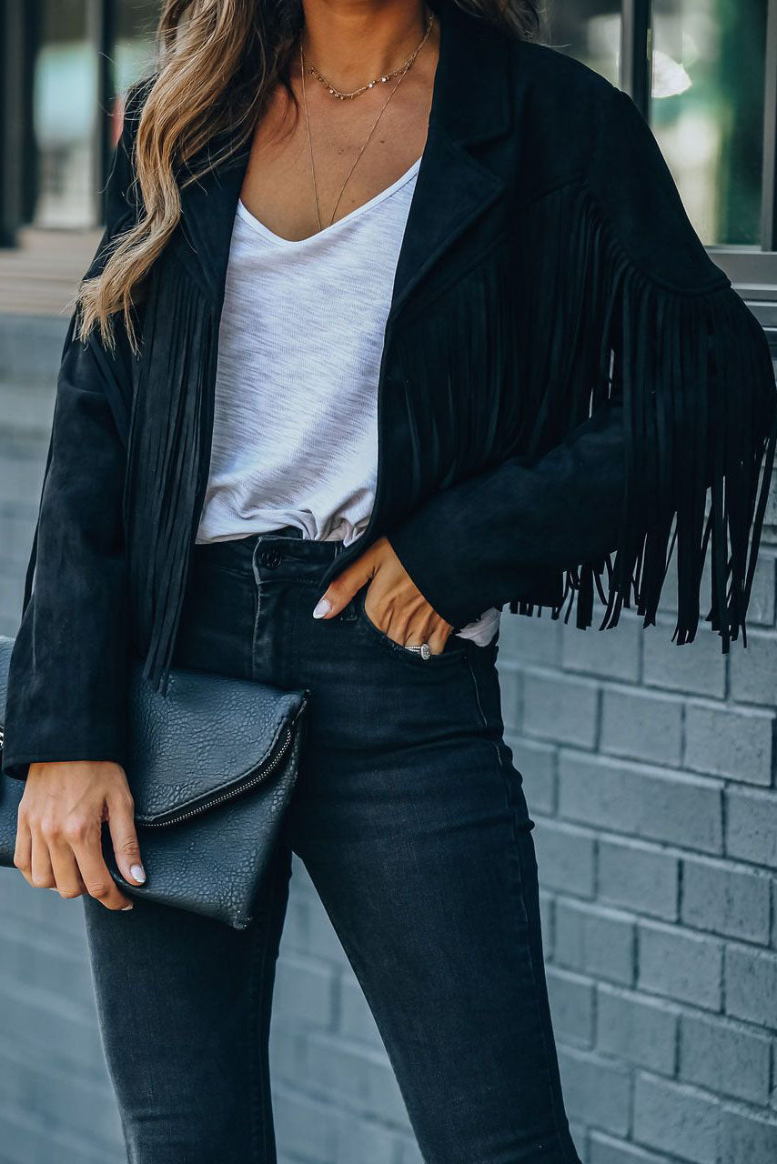 Vintage Lapel Long Sleeve Fringe Cropped Hippie Jacket