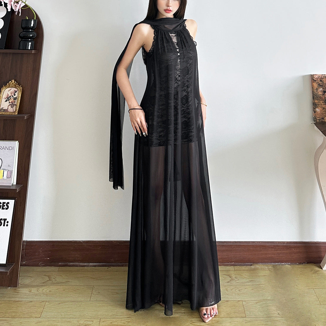 Halter neck lace panel design solid color long dress