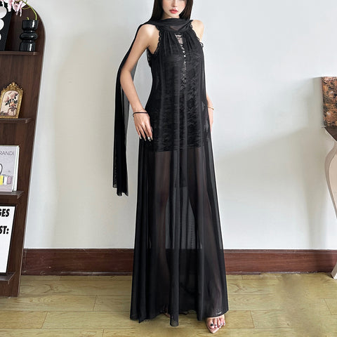 Halter neck lace panel design solid color long dress