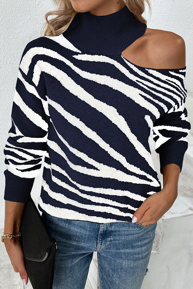 Tiger Print Turtleneck Drop-Shoulder Contrast Knit Sweater