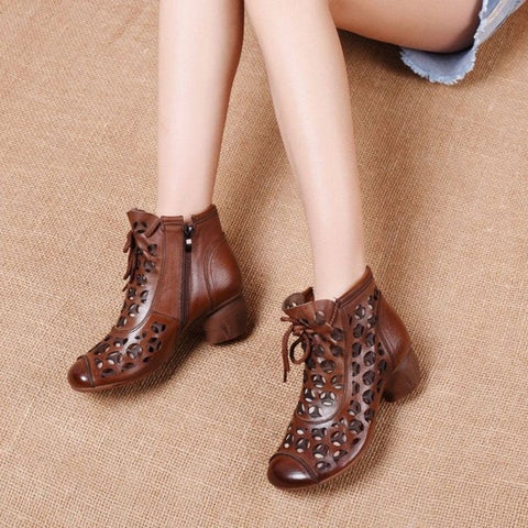 Hollow Out Breathable Ankle Retro Ethnic Style Real Heels