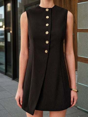 Asymmetric Button-Strapped Sleeveless Short Dress