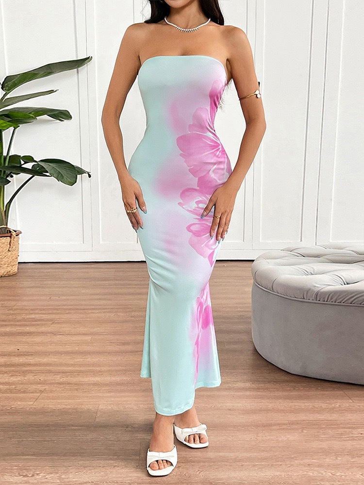 Strapless Fitted Contrast Print Dress