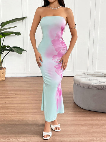 Strapless Fitted Contrast Print Dress