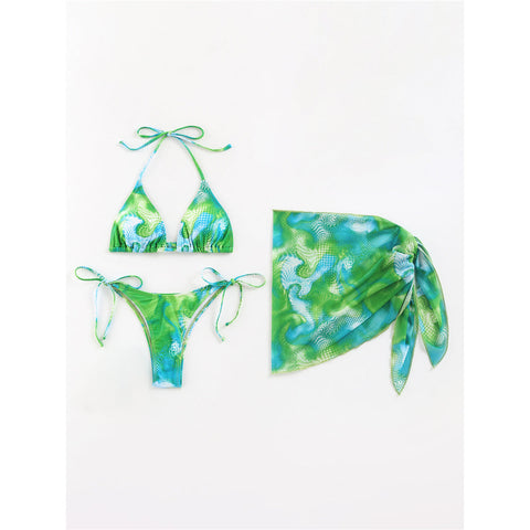 Martha With Sarong Printed Halter Strappy Bikini