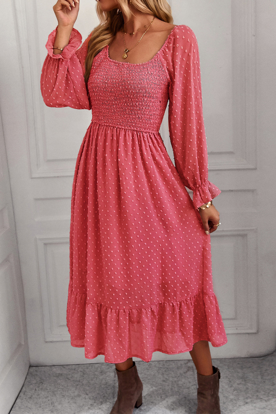 Pink Long Sleeve A-Line Midi Dress