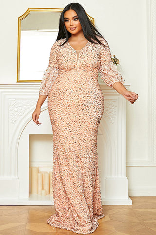 Plus Size Pink Sequins Prom Gown Evening Dress