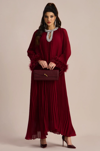 Yvonne Diamante Feathered Pleated Dress