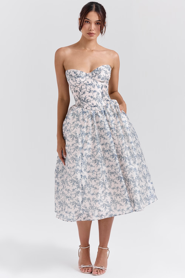 English Porcelain Print Strapless Sundress