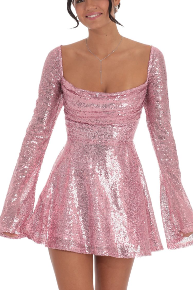 Sequin Flare Dress in Rose Gold