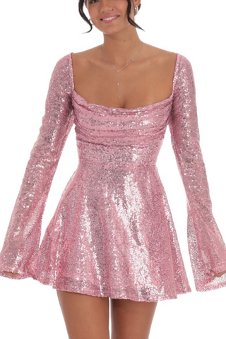Sequin Flare Dress in Rose Gold