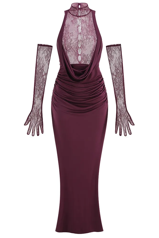 Evelyn Plunging Cowl Lace Bodice Maxi Dress