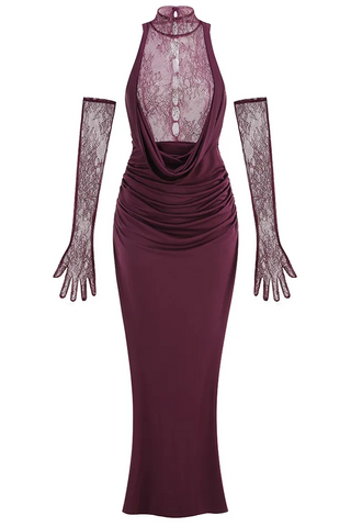 Evelyn Plunging Cowl Lace Bodice Maxi Dress