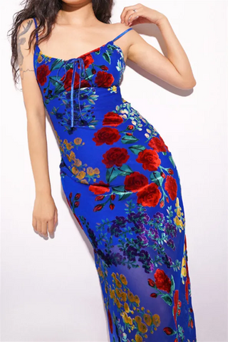 Julie Floral Velvet Burnout Backless Midi Dress