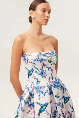 Strapless Floral Corset A Line Midi Dress