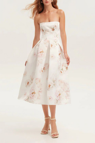 Strapless Floral Corset A Line Midi Dress