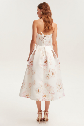 Strapless Floral Corset A Line Midi Dress