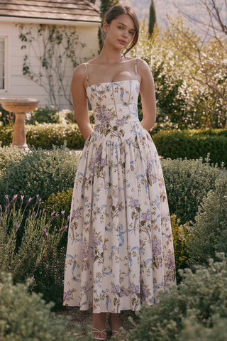 Vintage Rose Print Cotton Midi Sundress