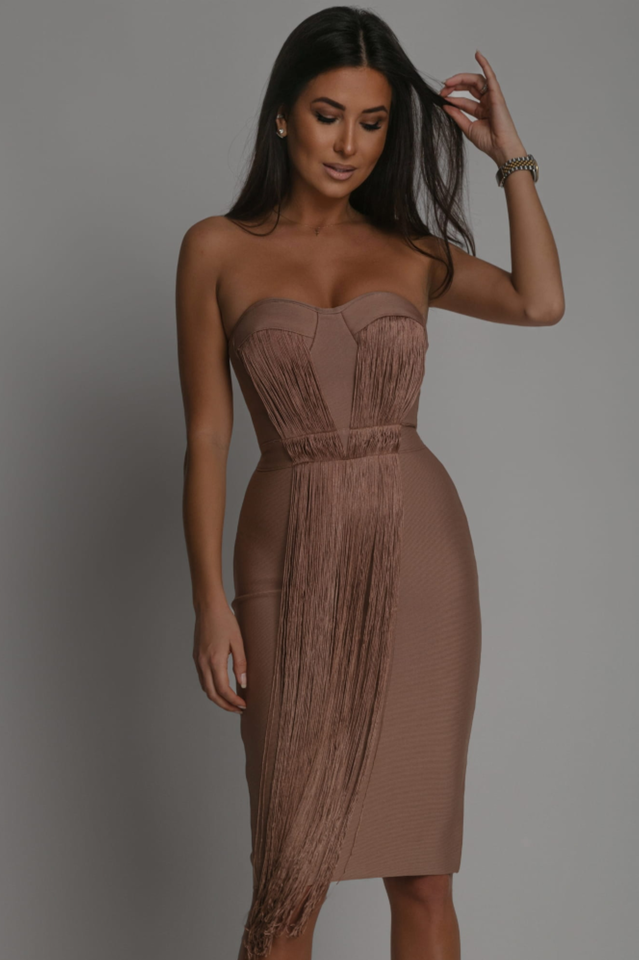 Strapless Sleeveless Tassels Midi Bandage Dress