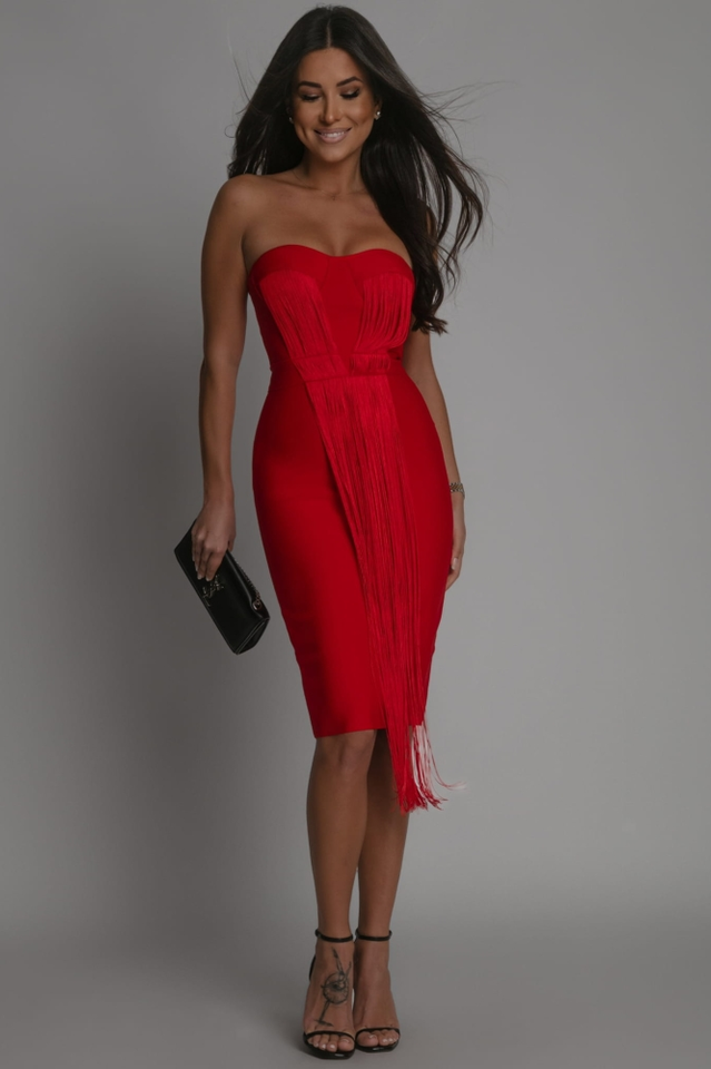Strapless Sleeveless Tassels Midi Bandage Dress