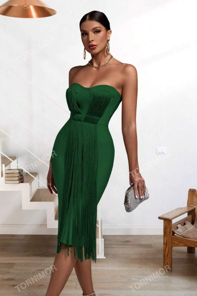 Strapless Sleeveless Tassels Midi Bandage Dress