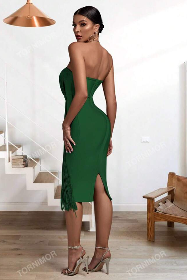 Strapless Sleeveless Tassels Midi Bandage Dress