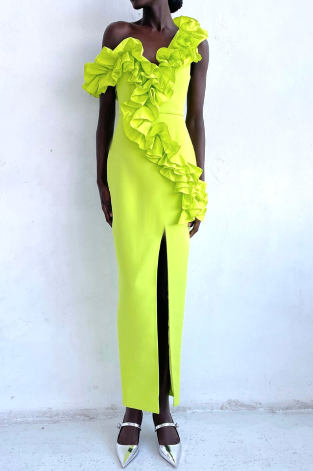 One Shoulder Ruffle Maxi Dress