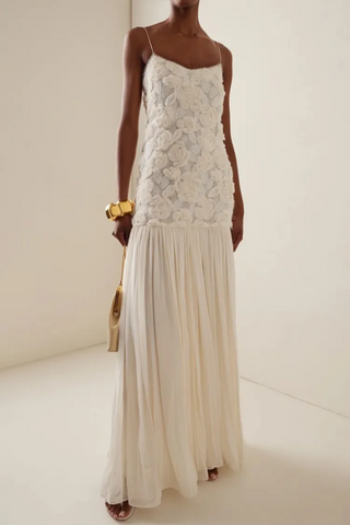 Andrea Floral Applique Pleated Maxi Dress