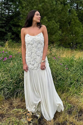 Andrea Floral Applique Pleated Maxi Dress