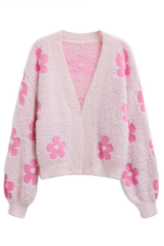 Cuteness Flowers Fuzzy Knit Cardigan