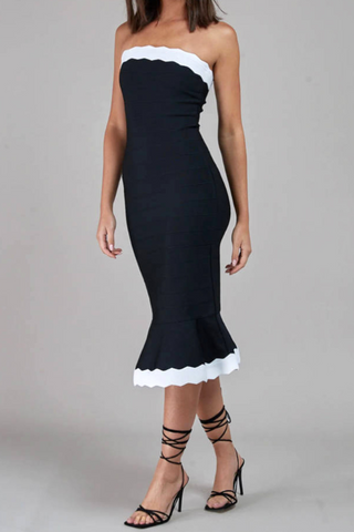 Wavy Trim Fishtail Bandage Midi Dress
