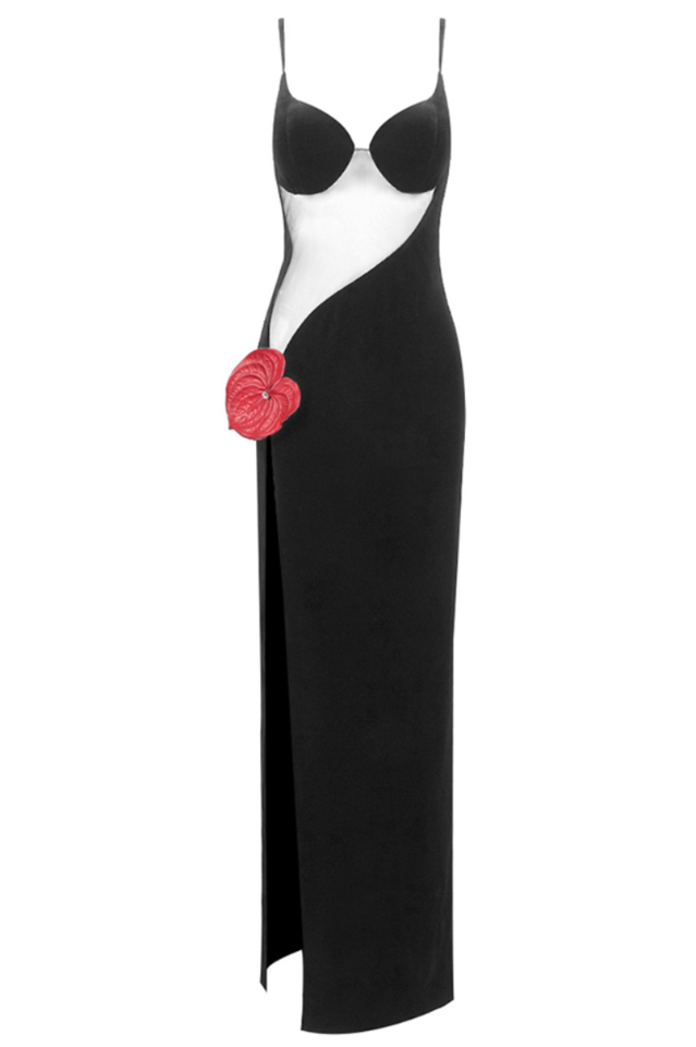 Laceleaf Detail Mesh Maxi Velvet Dress
