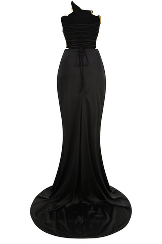 Zisel Ruched Split Satin Skirt Set