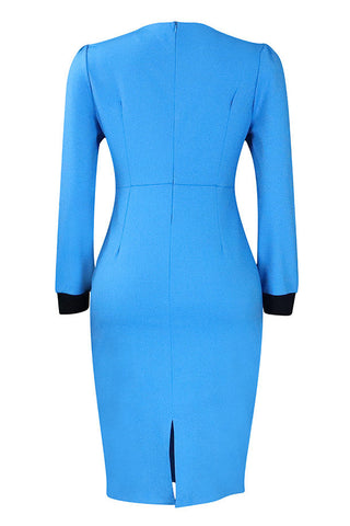 Red Knee Length Long Sleeve Office Dress