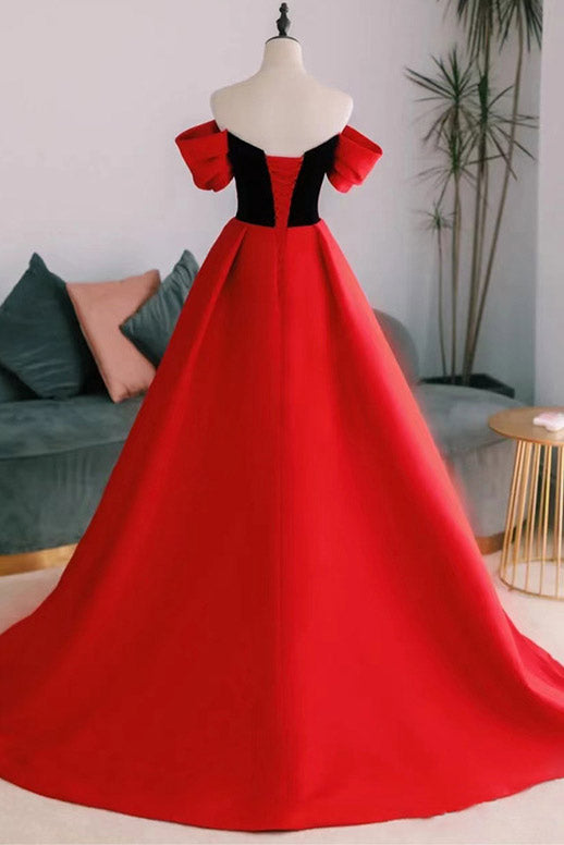 Red Off Shoulder Watteau Train Formal Evening Dress