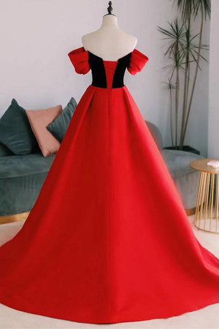 Red Off Shoulder Watteau Train Formal Evening Dress