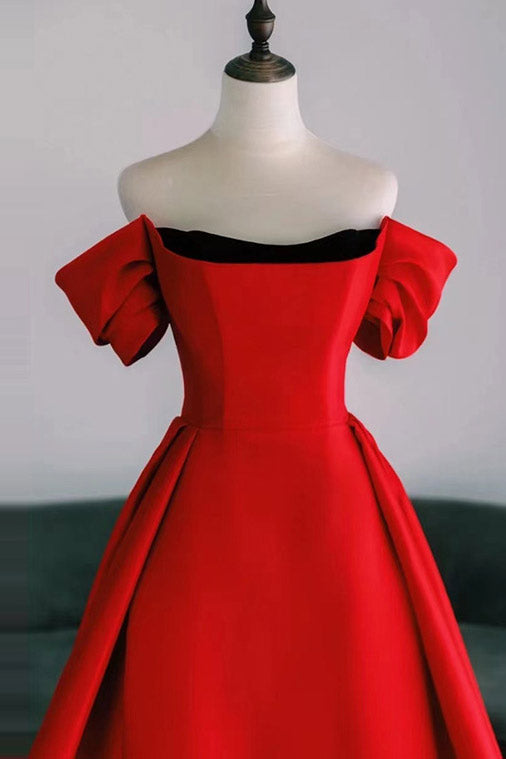 Red Off Shoulder Watteau Train Formal Evening Dress