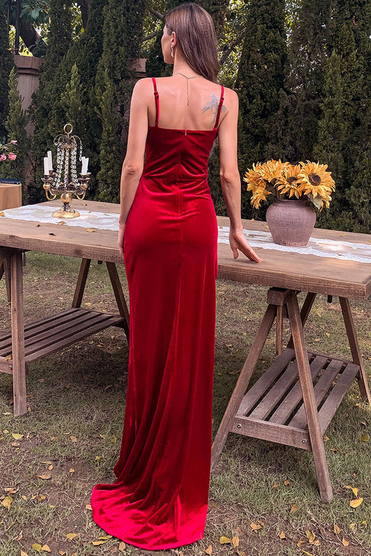 Red Velvet High Slit Prom Evening Dresses