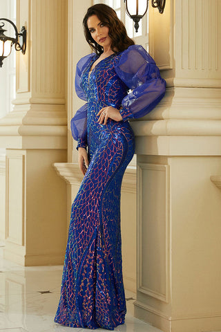 Royal Blue Long Sleeve Mermaid Evening Gown Formal Dress