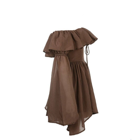 Milk Chocolate Vintage Ruffled Off Shoulder Midi Dress