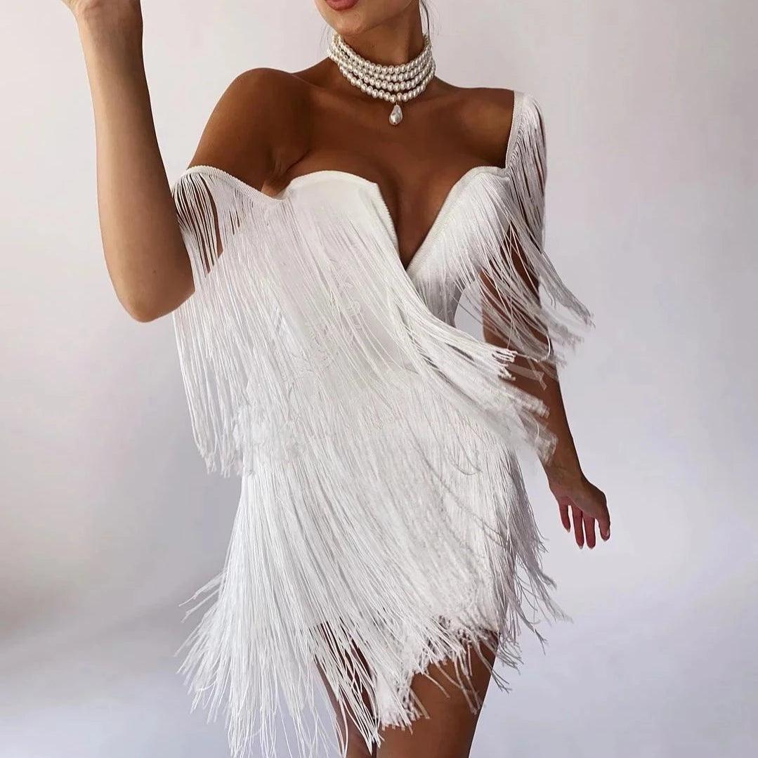 Celestial Chic Tassel Off Shoulder Mini Dress