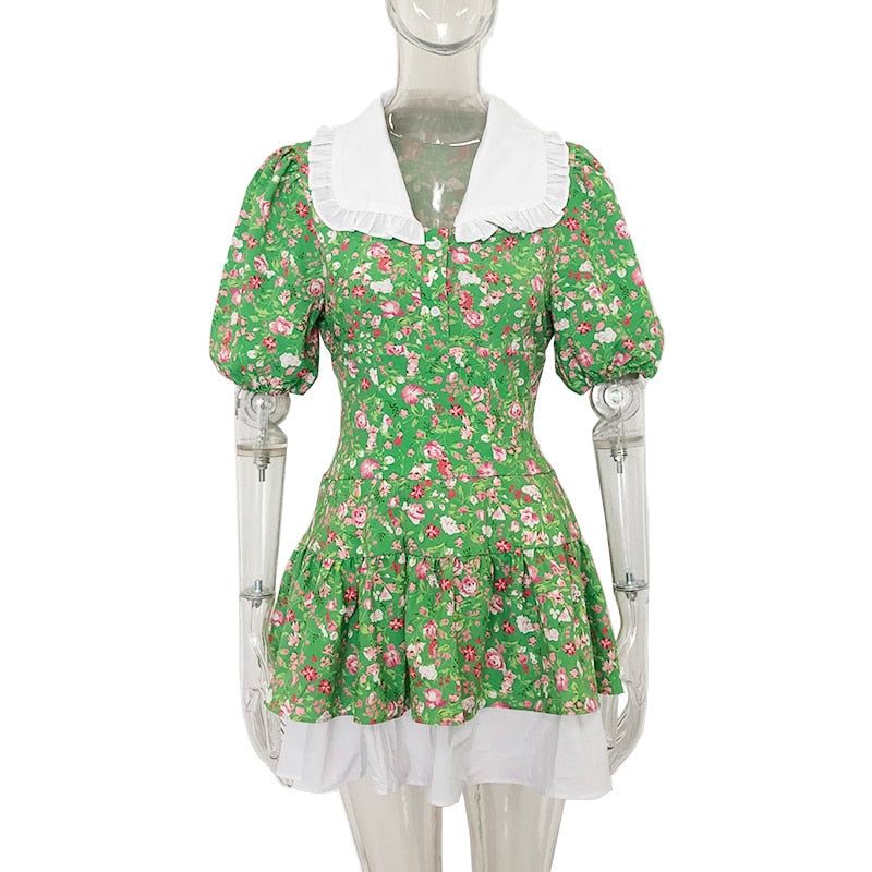 French Macaron Floral Print Summer Mini Dress