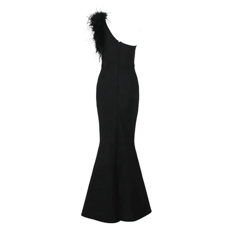 Mademoiselle Elegant One Shoulder Feather Maxi Dress