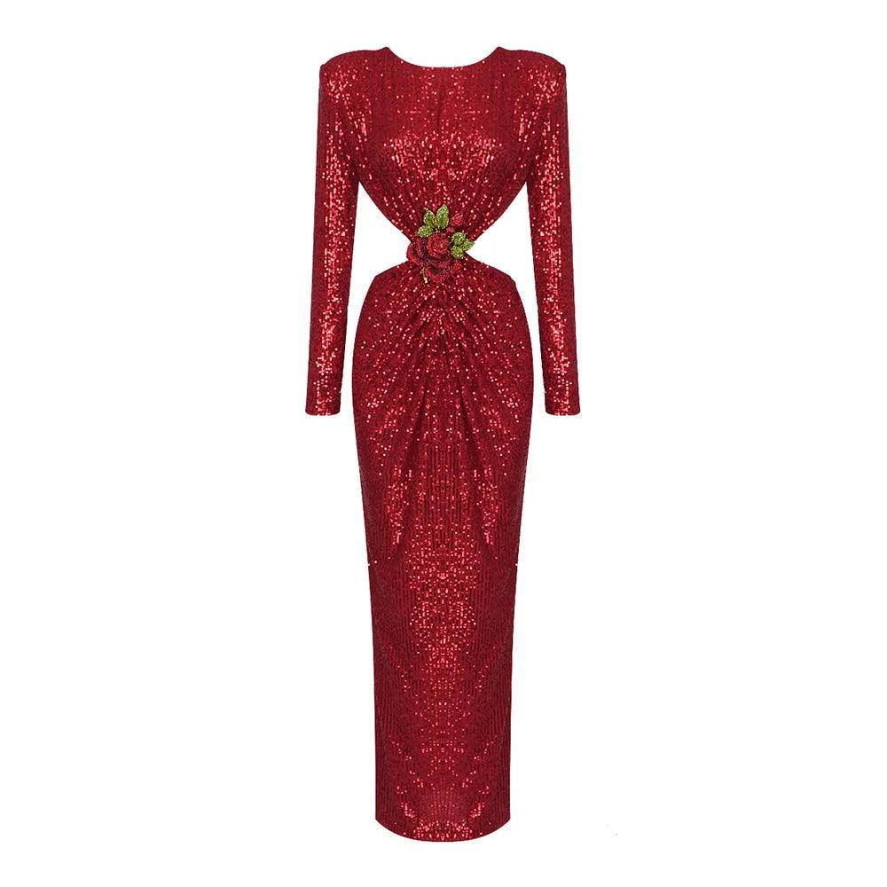 First Kiss Long Sleeve Cutout Sequin Maxi Dress