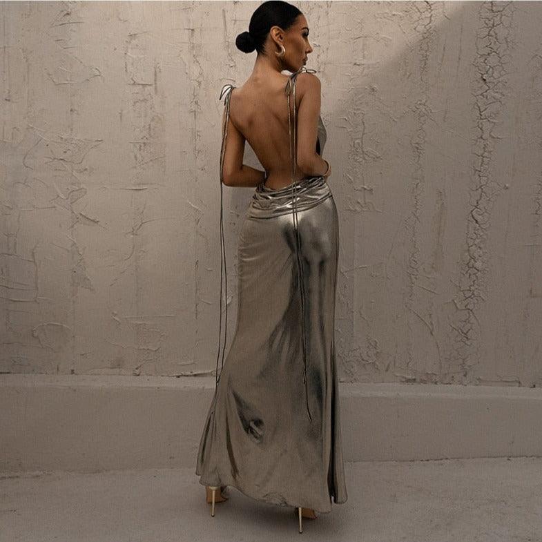 Glossy Soul Metallic Backless Maxi Dress