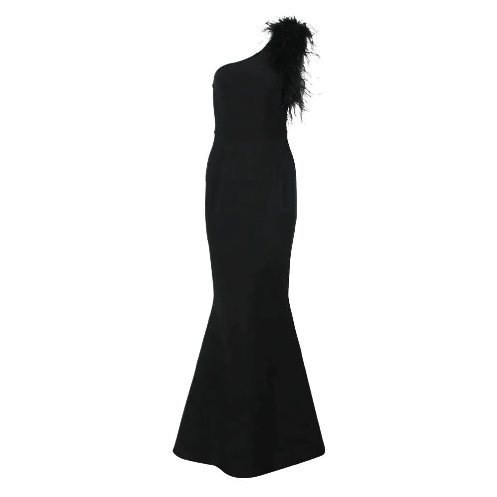 Mademoiselle Elegant One Shoulder Feather Maxi Dress